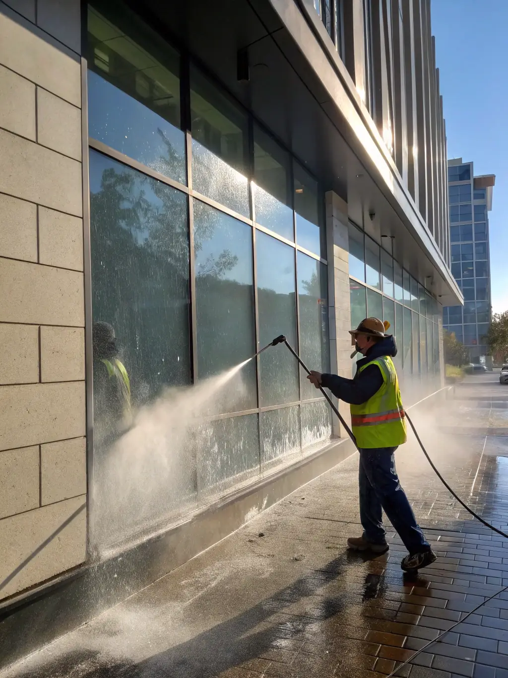 A close-up of a historic building in Houston, TX, undergoing a custom power washing project, highlighting the delicate cleaning process.