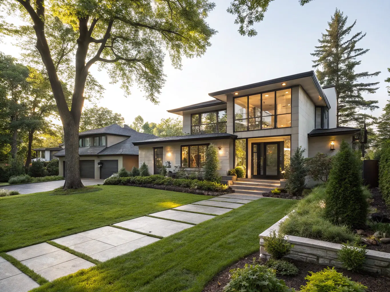 A clean, modern house exterior after power washing, showcasing bright siding and a spotless driveway, emphasizing the transformation achieved by Stuffy’s Handyman Services.