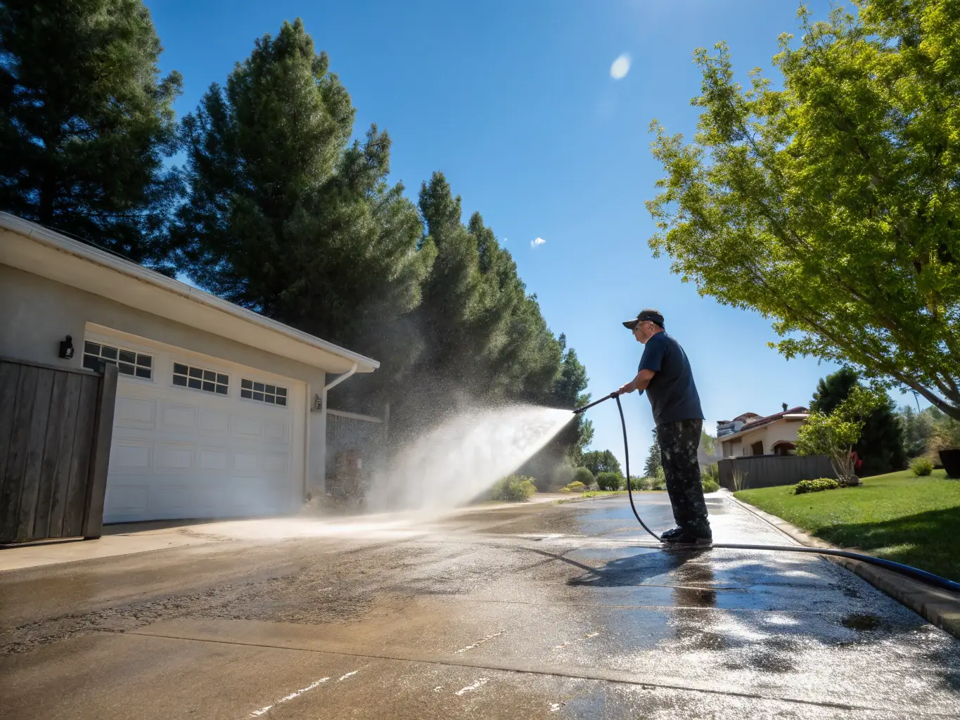 A close-up shot of a power washing technician expertly cleaning a residential driveway in Houston, showcasing the immediate difference in cleanliness.